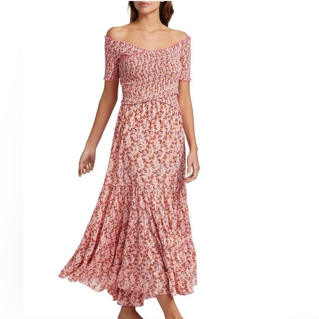 Poupette St Barth Soledad Off-The-Shoulder Smocked Midi-Dress Pink Size Large